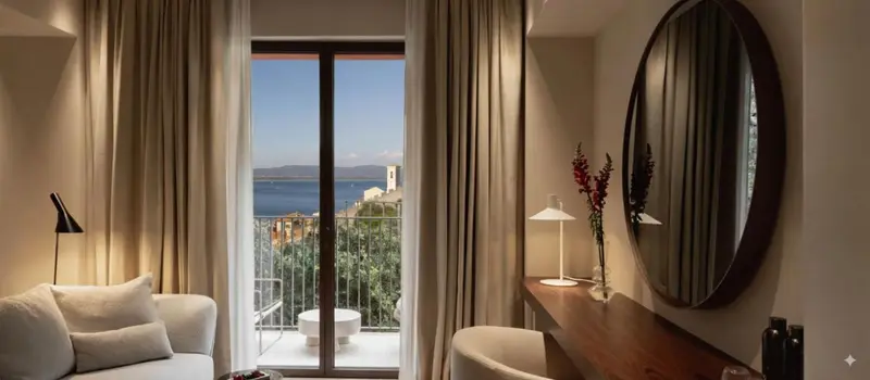Une chambre lumineuse avec un coin salon et une vue sur la mer.