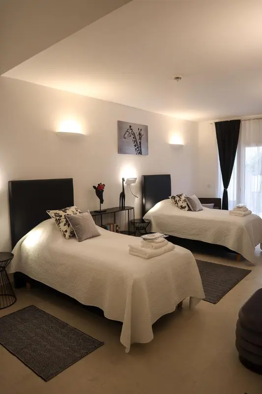Une chambre lumineuse avec deux lits simples et une décoration sobre.