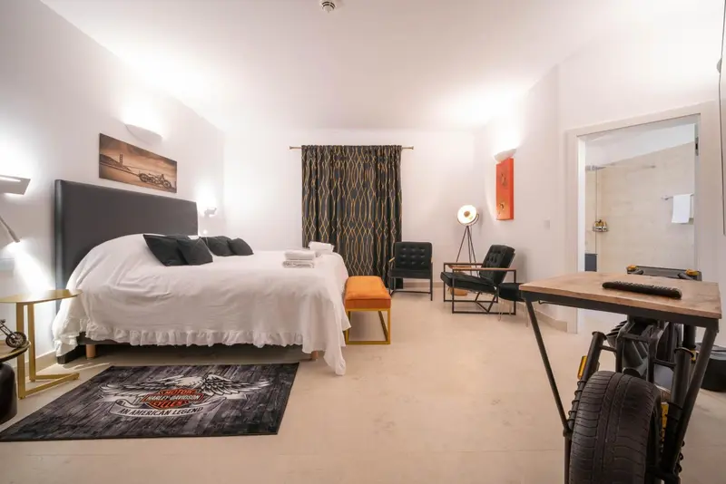 Une chambre lumineuse avec un grand lit et un coin salon.