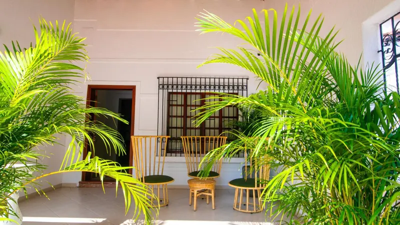 Terrasse ombragée avec mobilier en rotin et végétation tropicale.