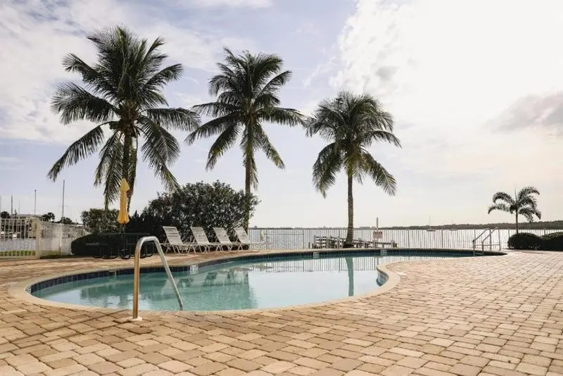 Piscine rectangulaire entourée d'une terrasse pavée, avec des chaises longues et des palmiers en arrière-plan.