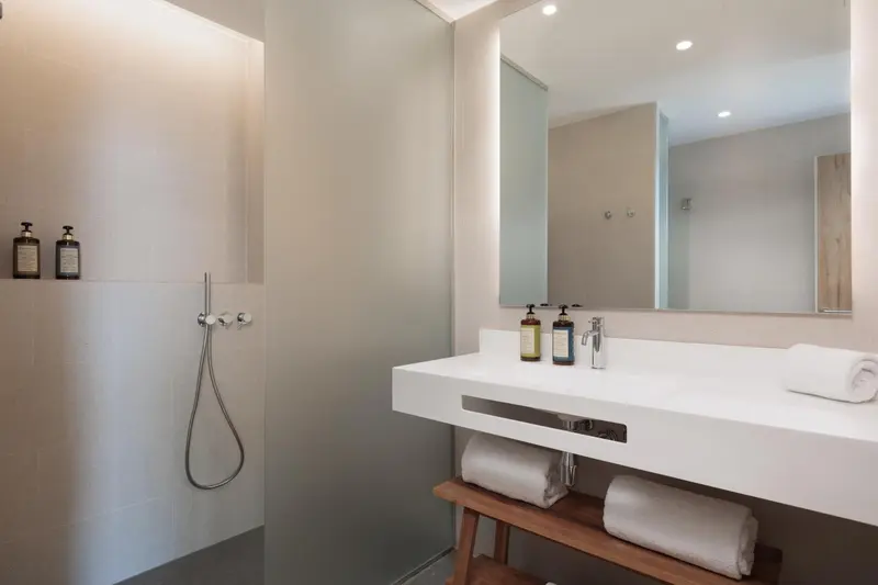 Une salle de bain moderne avec une douche à l'italienne et un grand miroir.