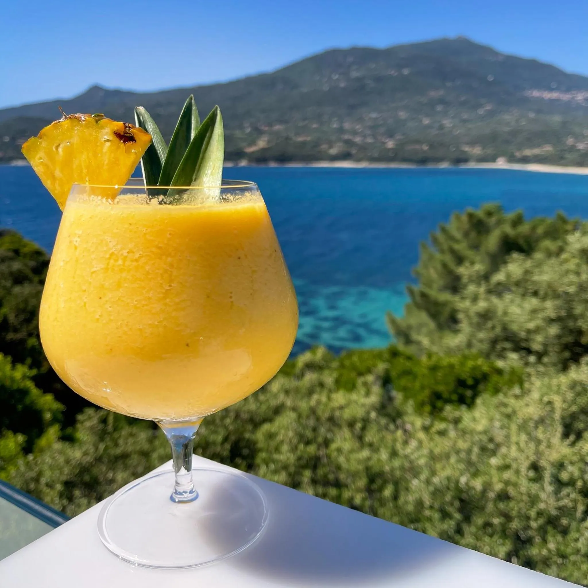 Un cocktail exotique est présenté sur une terrasse avec vue sur la mer et les montagnes.