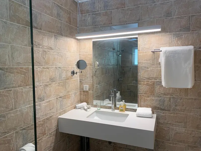 Une salle de bain moderne avec douche à l'italienne et grand miroir.