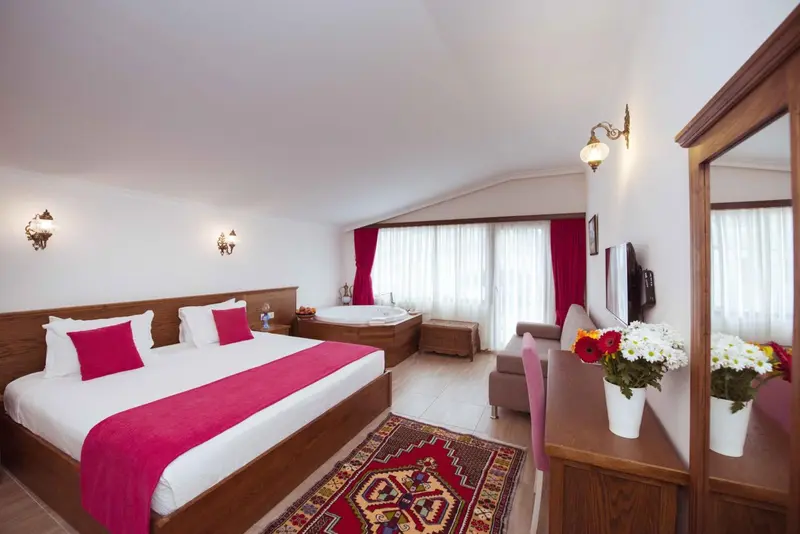 Une chambre lumineuse avec un grand lit et un jacuzzi.