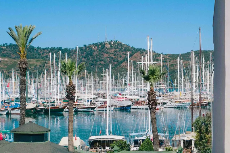 Vue d'un port de plaisance avec de nombreux voiliers amarrés au bord de l'eau.