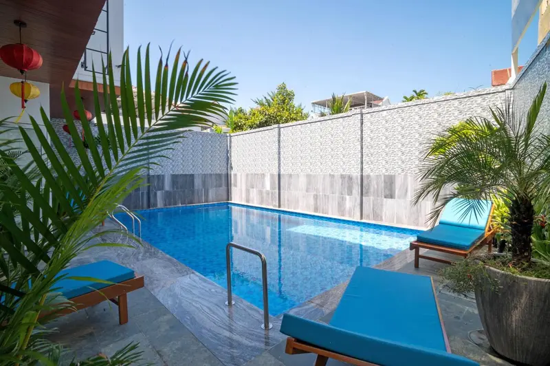 Petite piscine rectangulaire entourée d'un dallage et de quelques plantes.