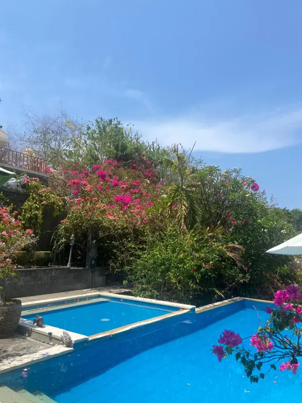 Une piscine rectangulaire turquoise est entourée de végétation luxuriante et de fleurs roses.