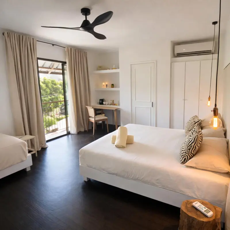 Une chambre lumineuse avec un lit blanc et un bureau près d'une baie vitrée.