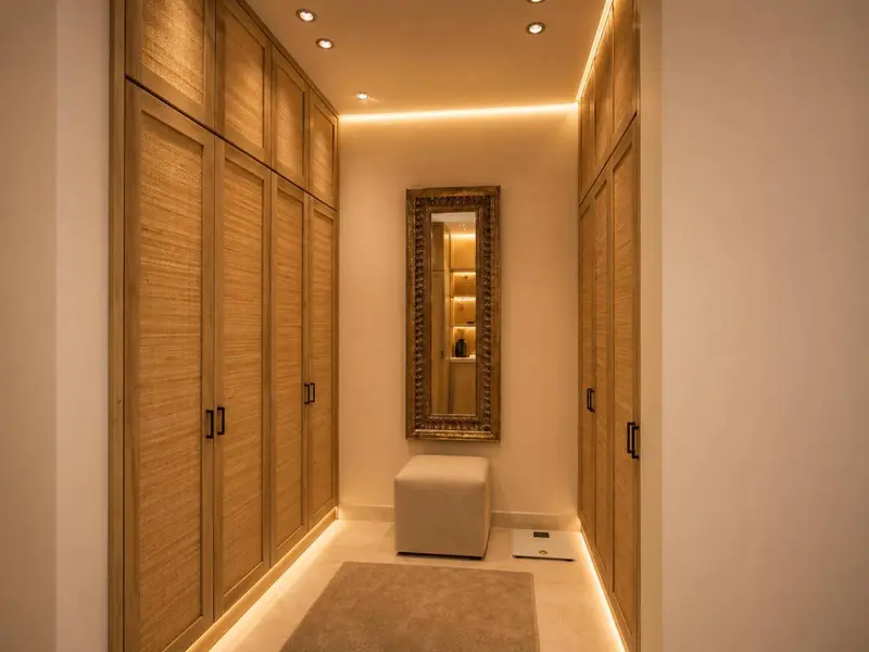Un dressing lumineux avec des armoires en bois et un miroir.