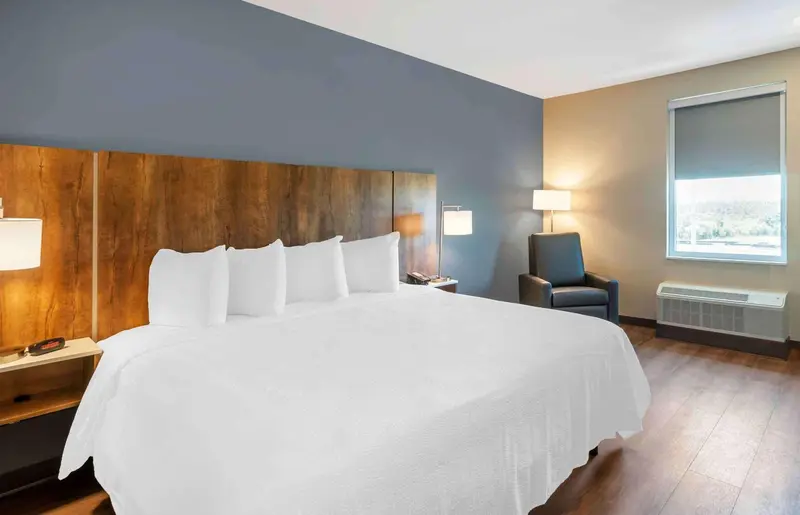 Une chambre lumineuse avec un grand lit et un fauteuil.