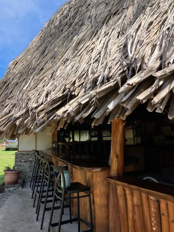 Un comptoir de bar en bois est abrité sous un toit de chaume.