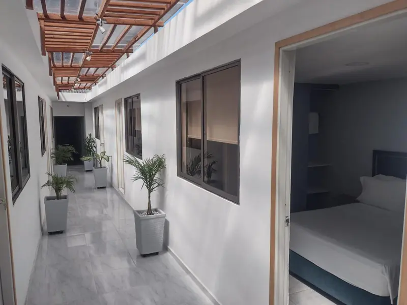 Couloir intérieur blanc avec des plantes et une chambre ouverte.