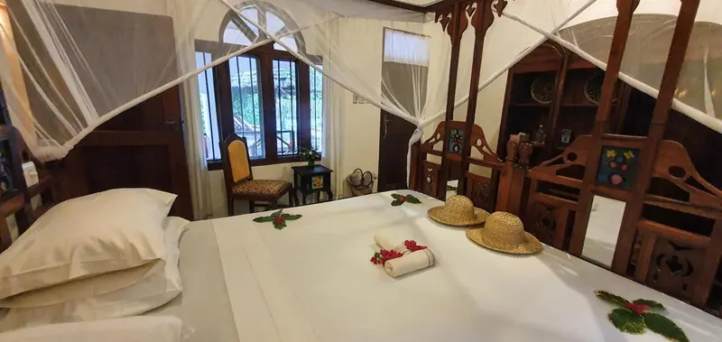 Une chambre lumineuse avec un lit recouvert de pétales de fleurs et un moustiquaire.