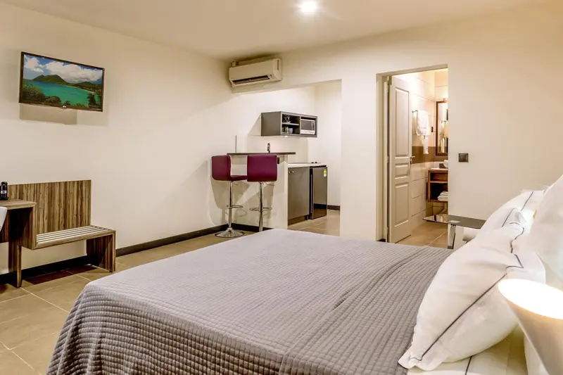 Une chambre lumineuse avec un lit et un coin cuisine.