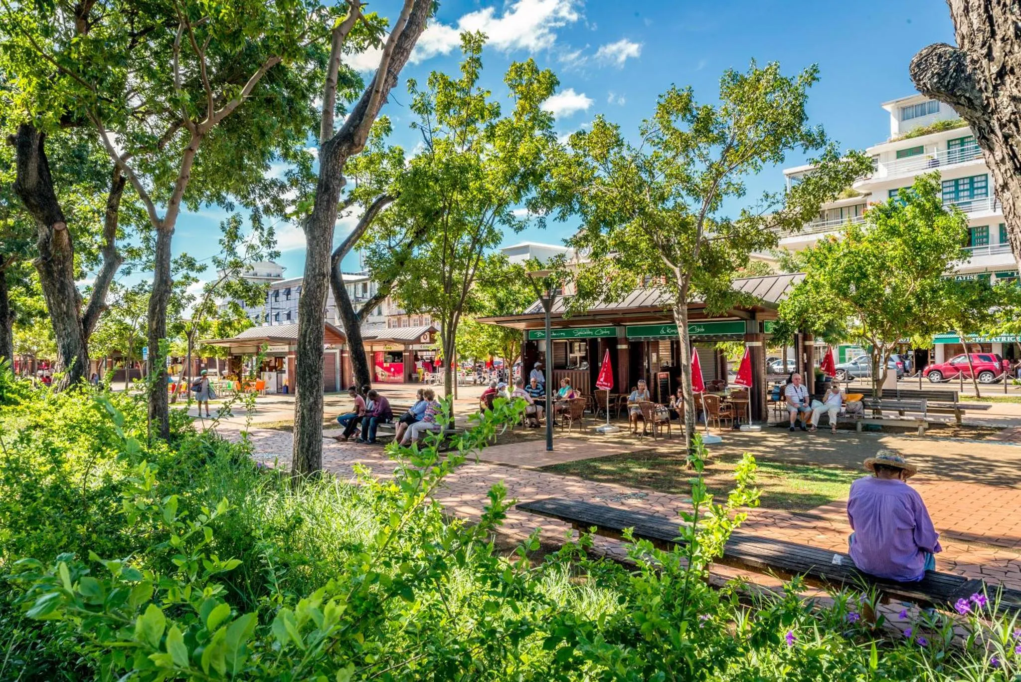 Une terrasse ombragée avec des tables et des chaises, entourée de végétation et de bâtiments.