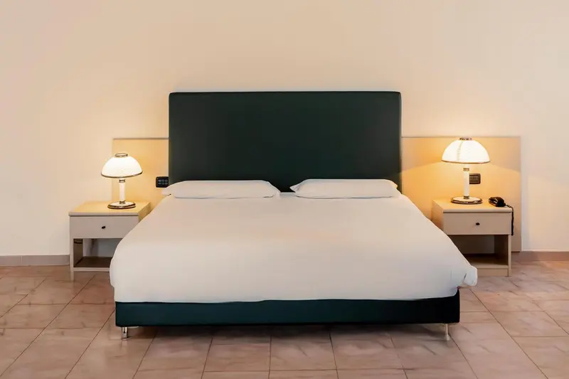 Une chambre avec un grand lit et deux lampes de chevet.