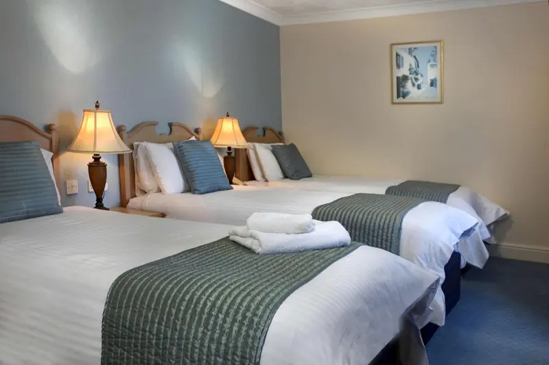 Une chambre avec deux lits doubles et des lampes de chevet.