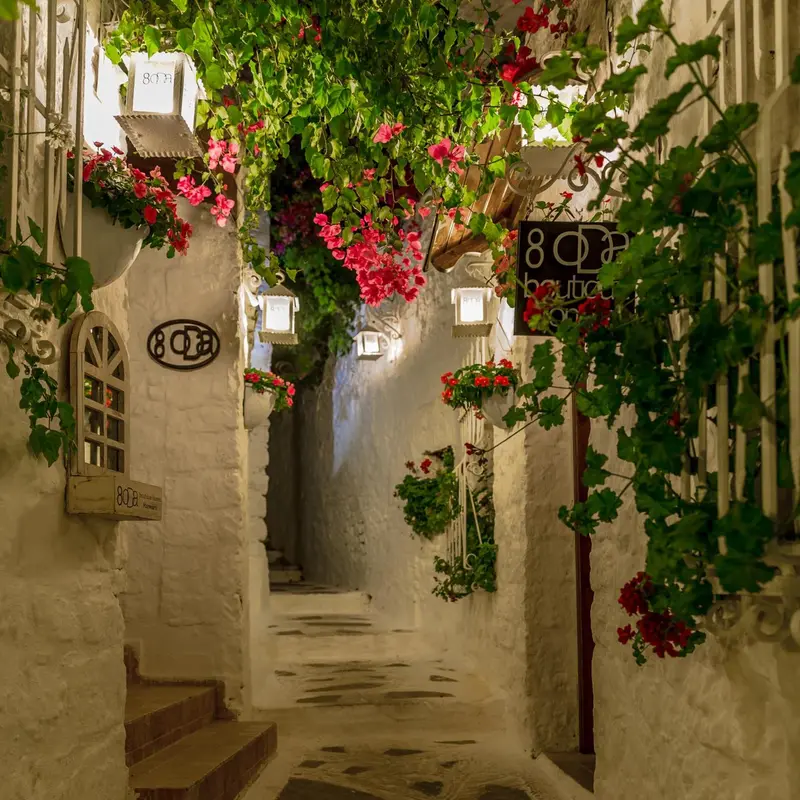 Entree d'une ruelle fleurie avec des murs blancs et des luminaires.