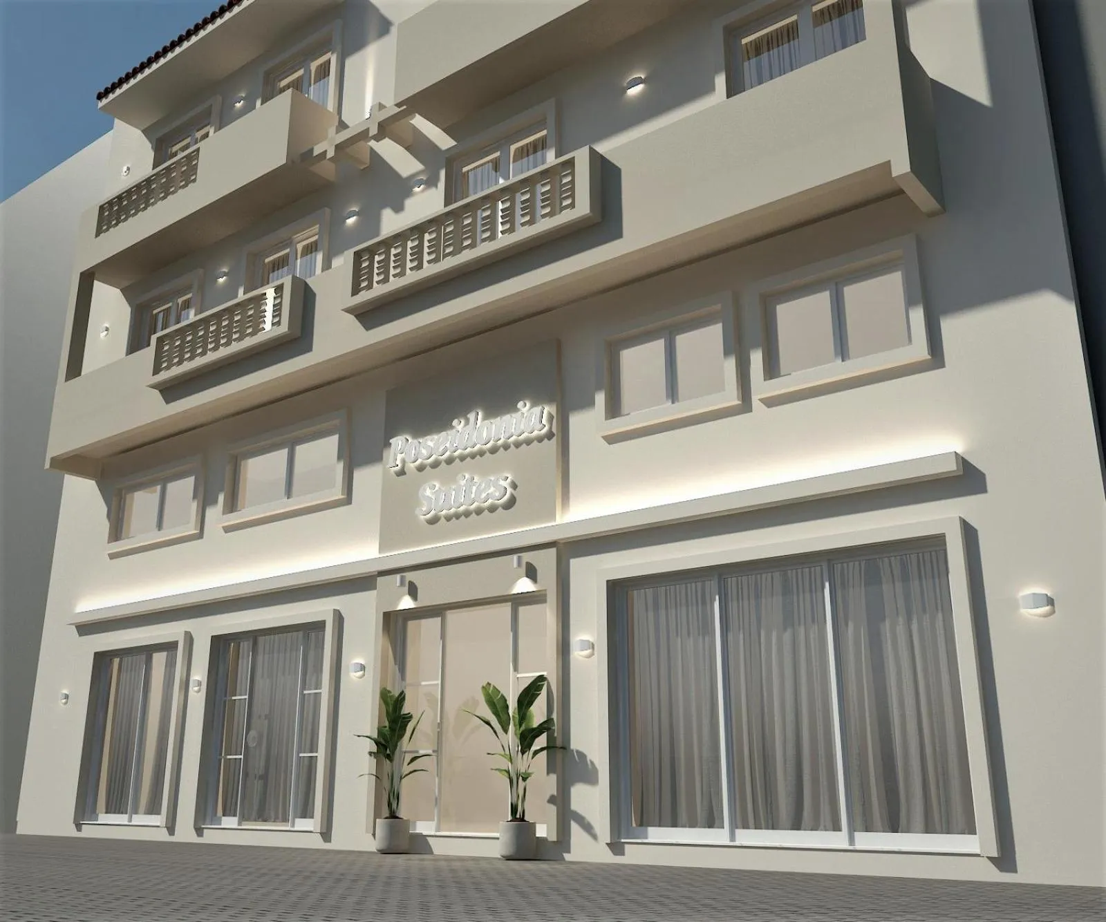 Façade d'un bâtiment blanc à plusieurs niveaux avec des balcons et des ouvertures.