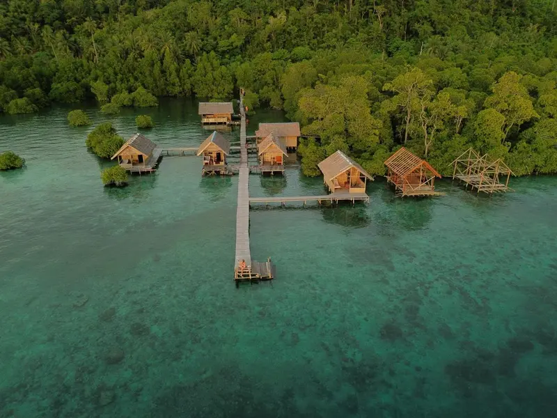Cabanes sur pilotis au milieu d'une eau turquoise et d'une végétation luxuriante.