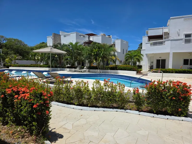 Une piscine bordée de végétation fleurie devant des bâtiments blancs.