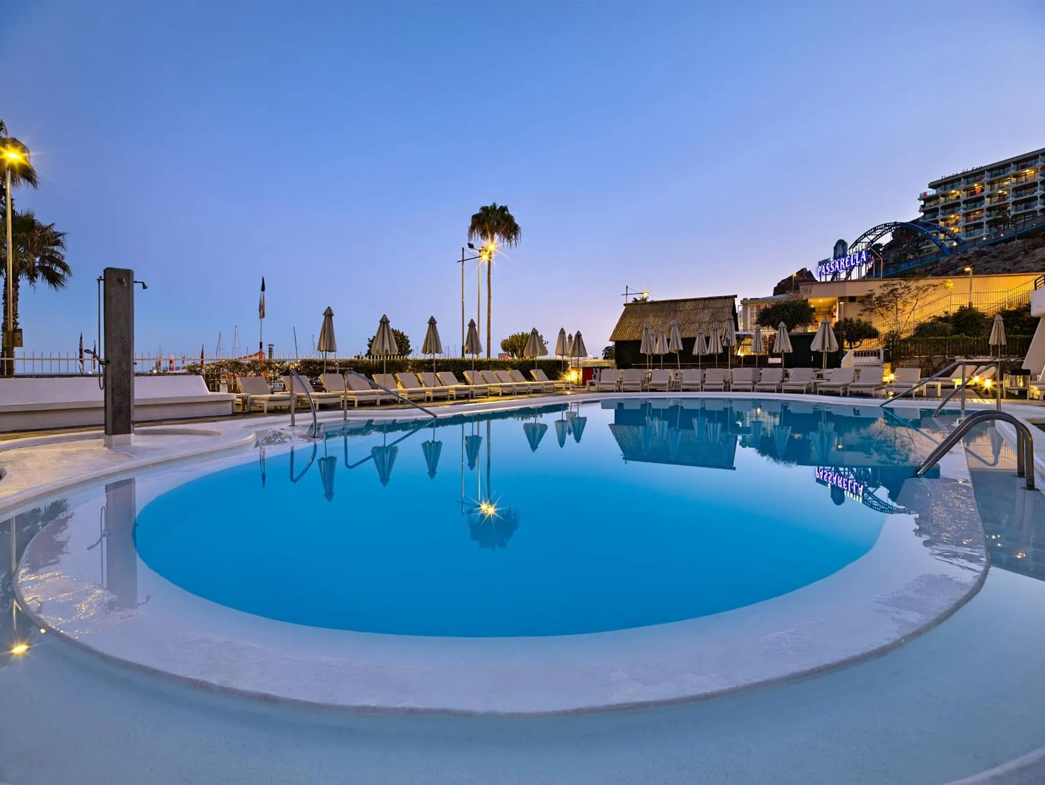 Piscine extérieure avec transats et végétation au crépuscule.