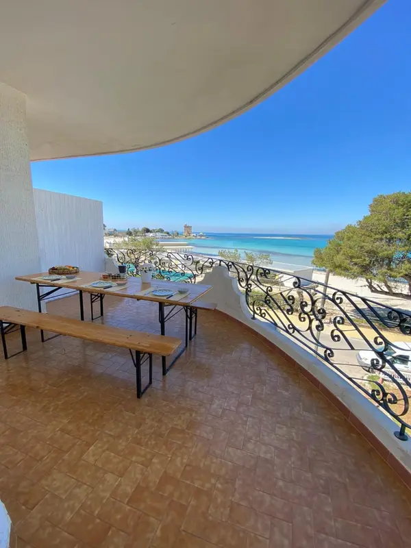 Une terrasse ensoleillée offre une vue sur la mer et la plage.