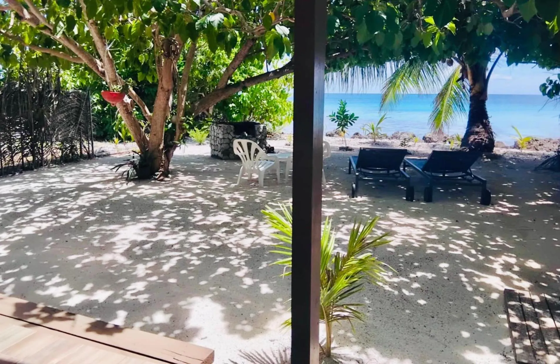 Une plage de sable clair avec des transats et des palmiers.
