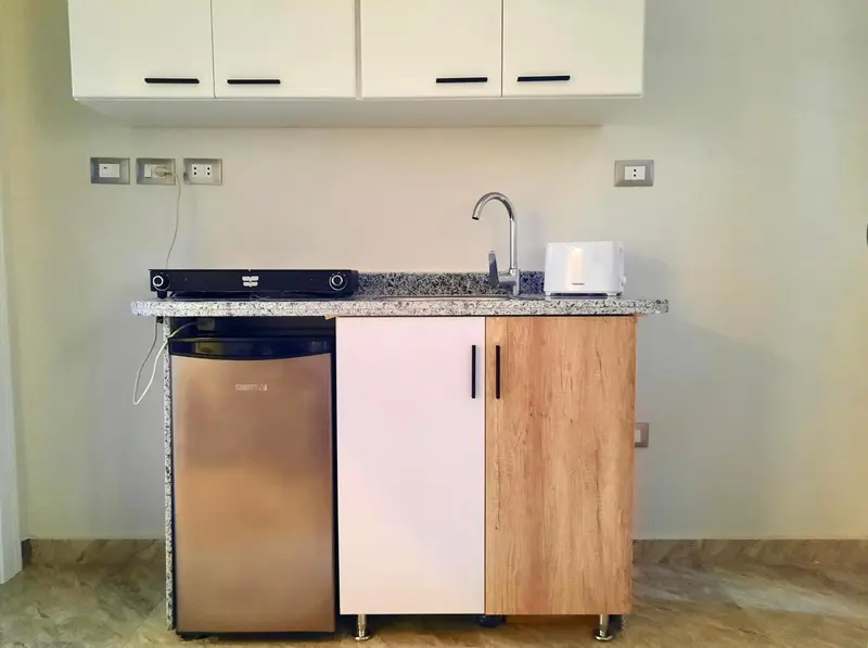 Une kitchenette moderne avec un plan de travail et des rangements.