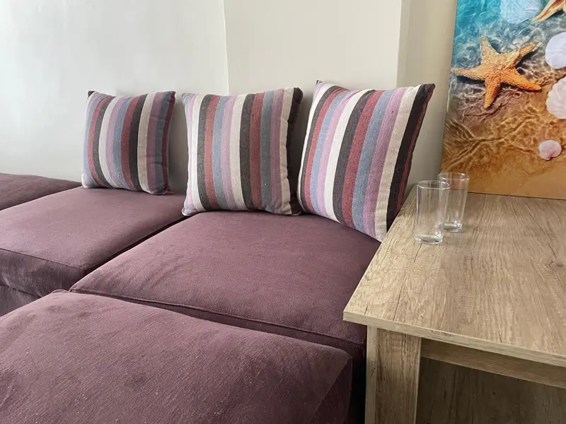 Canapé confortable avec coussins rayés et table basse en bois.