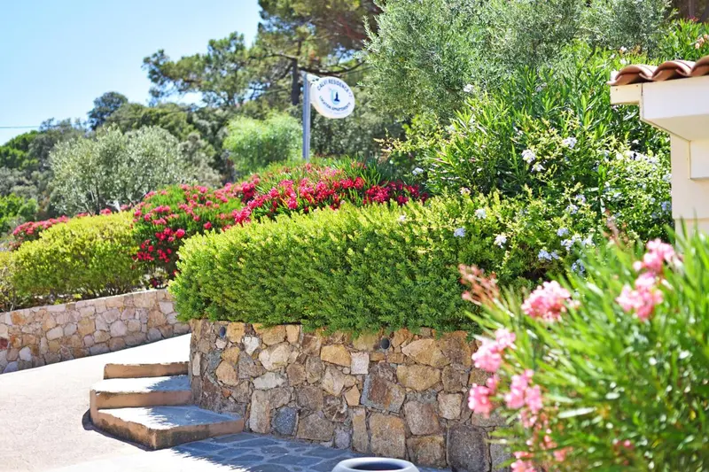 Jardin fleuri avec des arbustes taillés et un escalier en pierre.