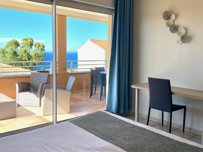 Une terrasse aménagée offre une vue dégagée sur la mer et les environs.