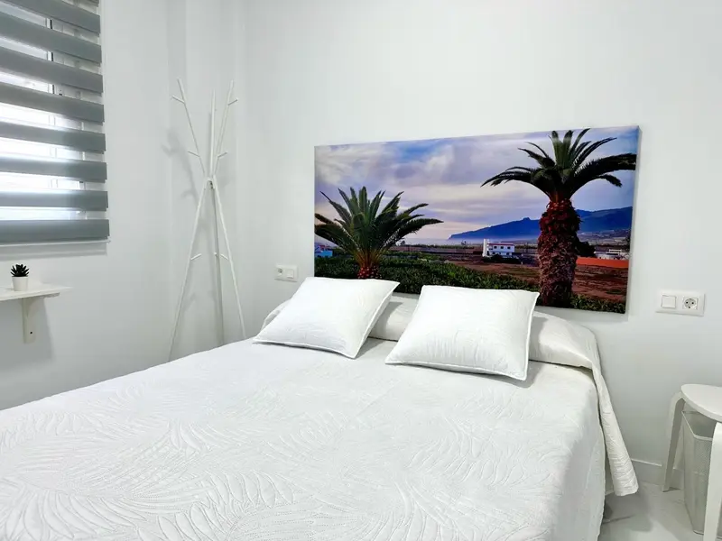 Une chambre lumineuse avec un grand lit recouvert de coussins blancs.