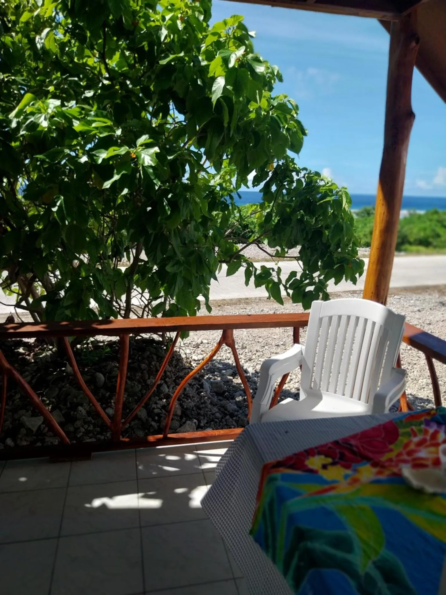 Une terrasse ombragée offre une vue sur la mer et la végétation.