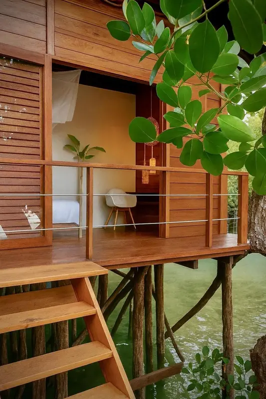 Une terrasse en bois donne sur une chambre avec un lit et une chaise.