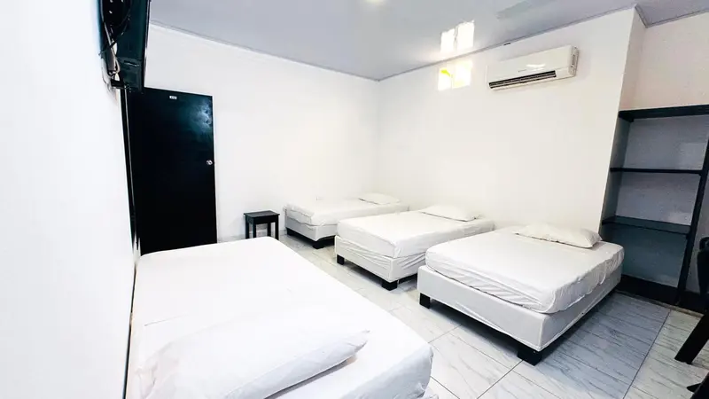Une chambre lumineuse avec quatre lits simples.