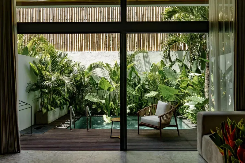 Une terrasse privée donne sur une petite piscine entourée de végétation luxuriante.