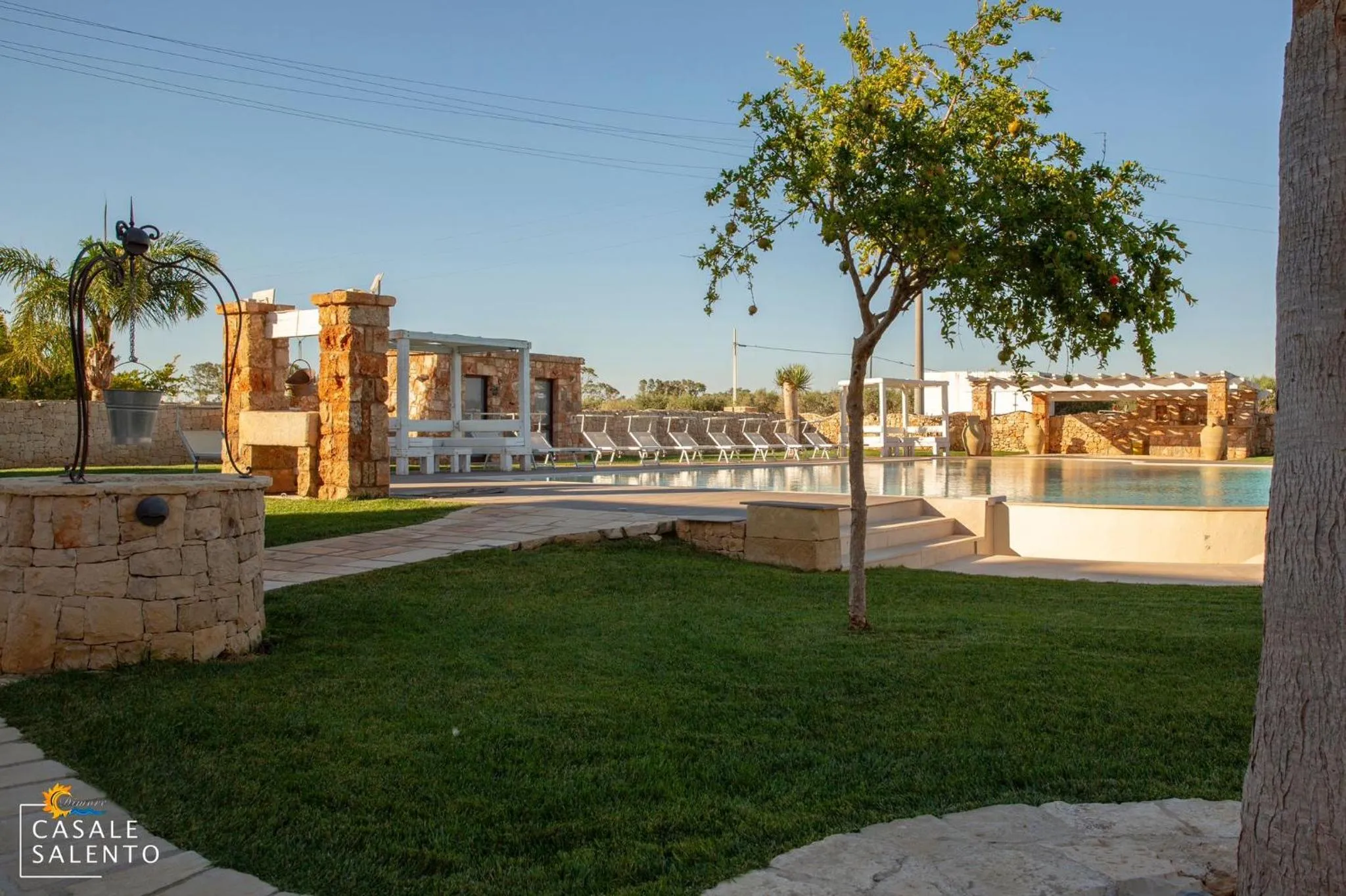 Une piscine rectangulaire bordée d'une terrasse ensoleillée et d'une pelouse verdoyante.