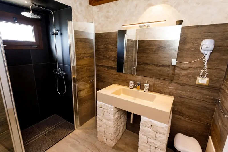 Une salle de bain moderne avec douche à l'italienne et vasque en pierre.