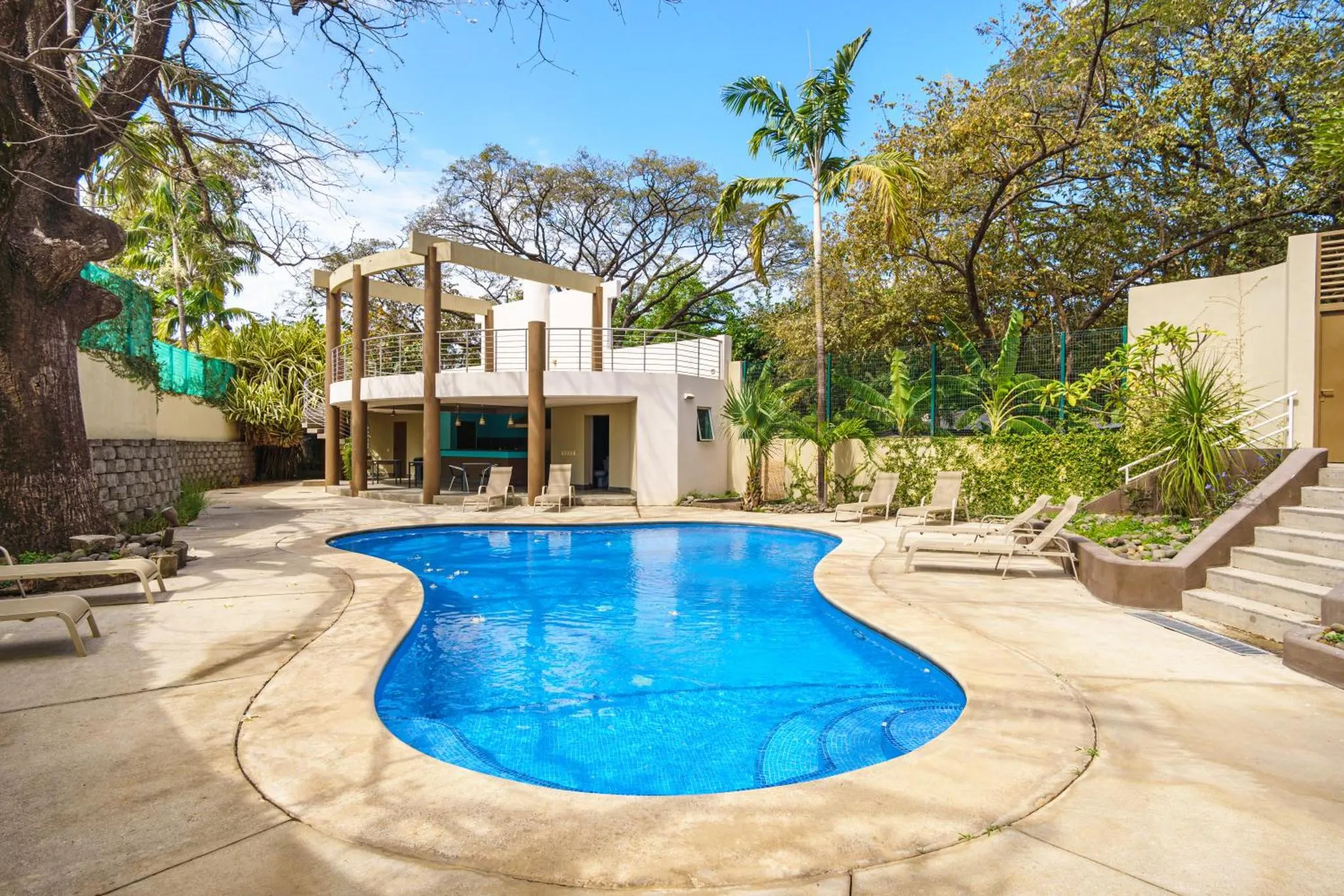 Piscine extérieure avec chaises longues et végétation luxuriante.