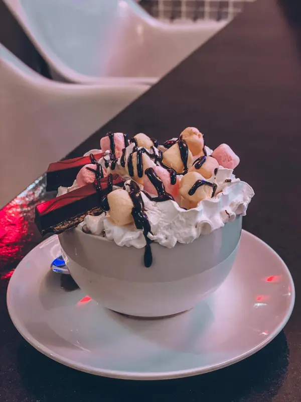 Un dessert gourmand à la crème fouettée, au chocolat et aux guimauves est présenté sur une assiette.