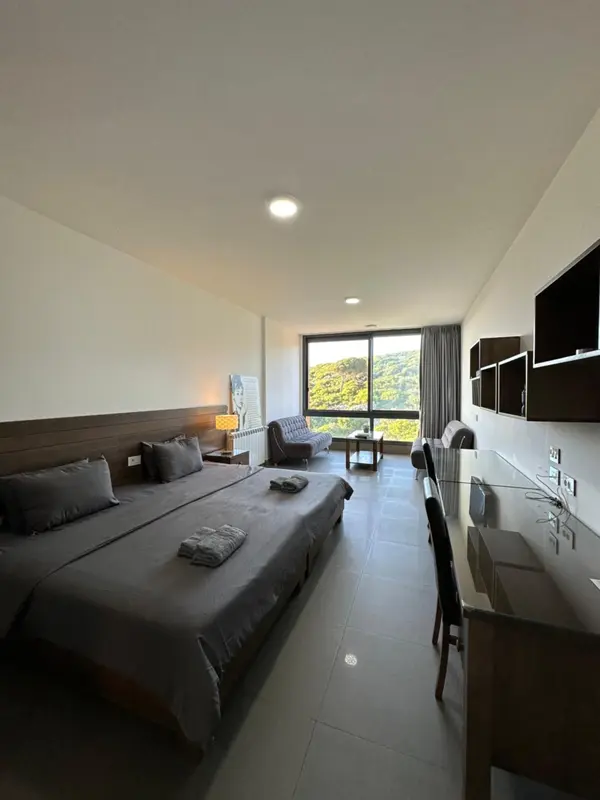 Une chambre moderne avec un grand lit et un espace bureau.