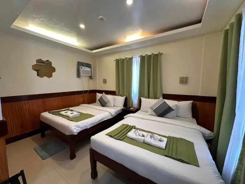 Une chambre lumineuse avec deux lits simples décorés de coussins verts.