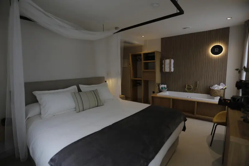Une chambre avec un grand lit et une baignoire.
