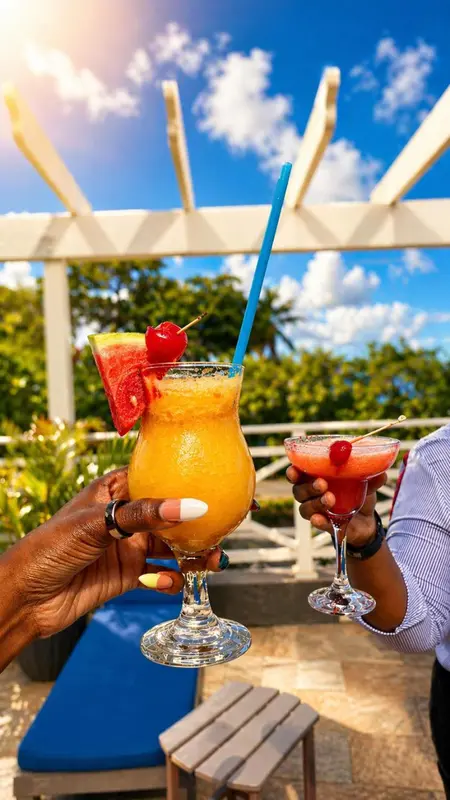 Deux cocktails colorés sont tenus en l'air sur une terrasse ensoleillée.