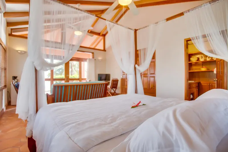 Une chambre lumineuse avec un lit à baldaquin et une vue sur l'extérieur.