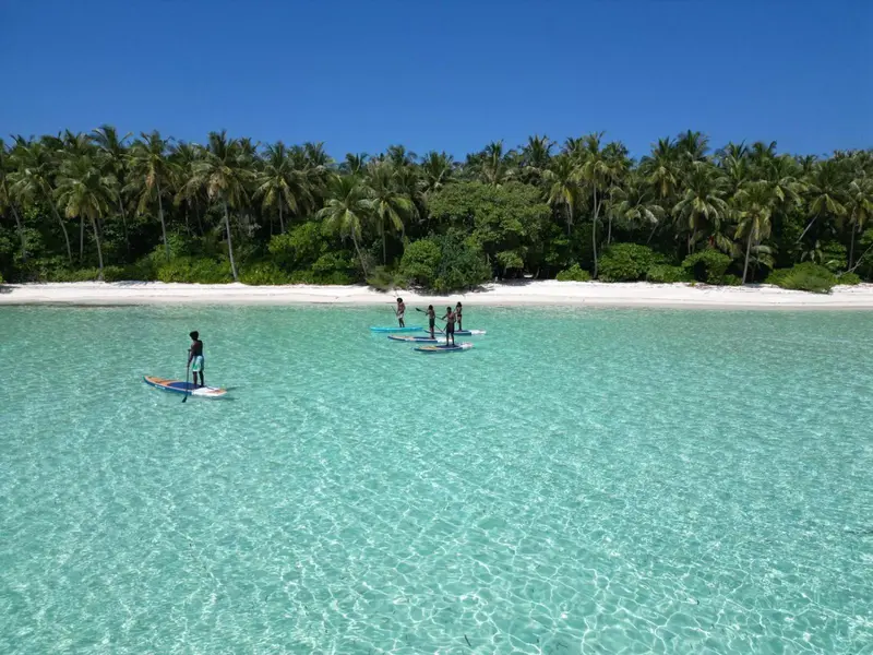Vue aérienne d'une plage de sable blanc bordée de palmiers et de personnes pratiquant le paddle.