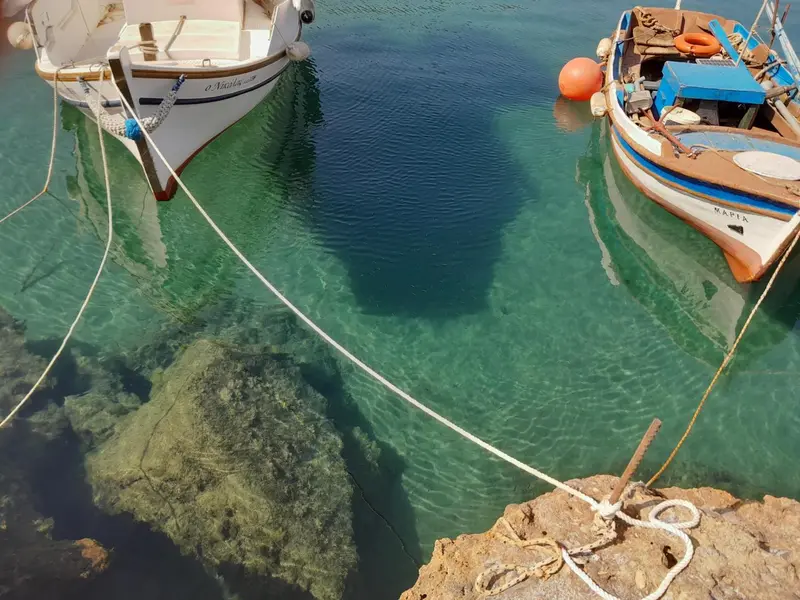 Plusieurs bateaux de pêche colorés sont amarrés dans une eau turquoise claire.