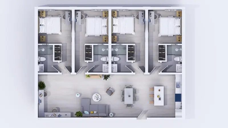 Vue aérienne de chambres d'hôtel avec mobilier minimaliste et espace commun.